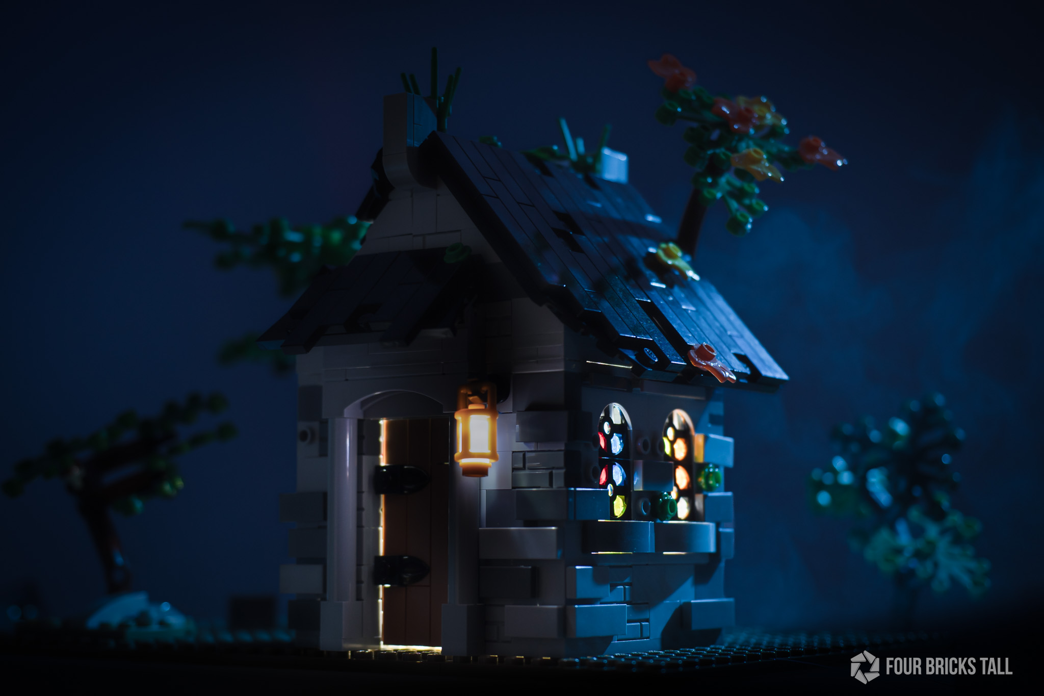 Photo of a LEGO chapel in moonlight