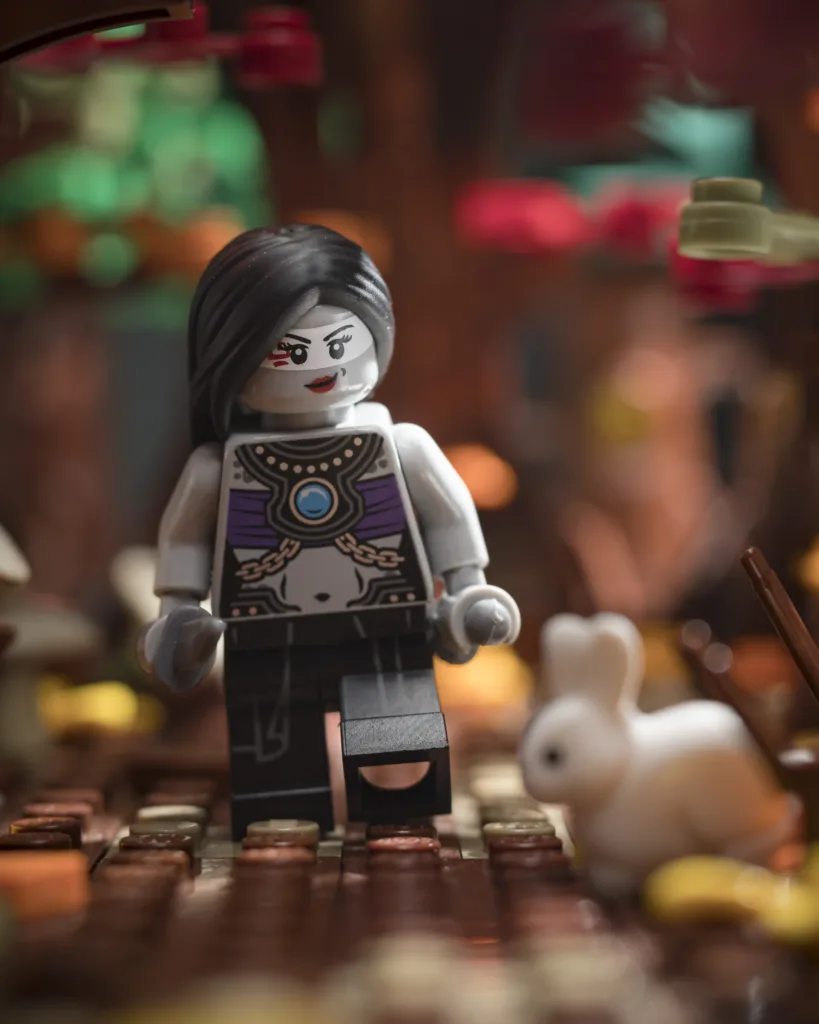 LEGO rogue assassin minifigure made from different parts looking at a rabbit