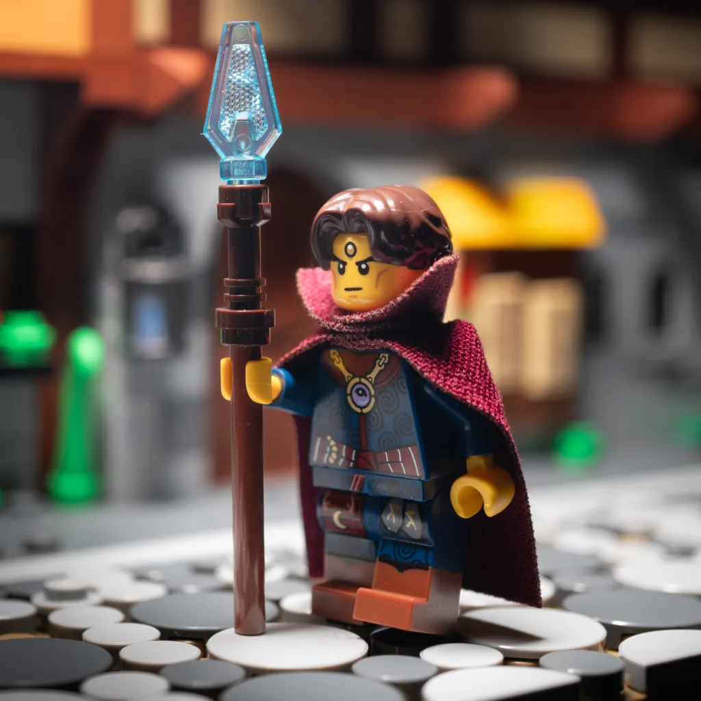 LEGO sorcerer minifigure wearing a cloak with high collar